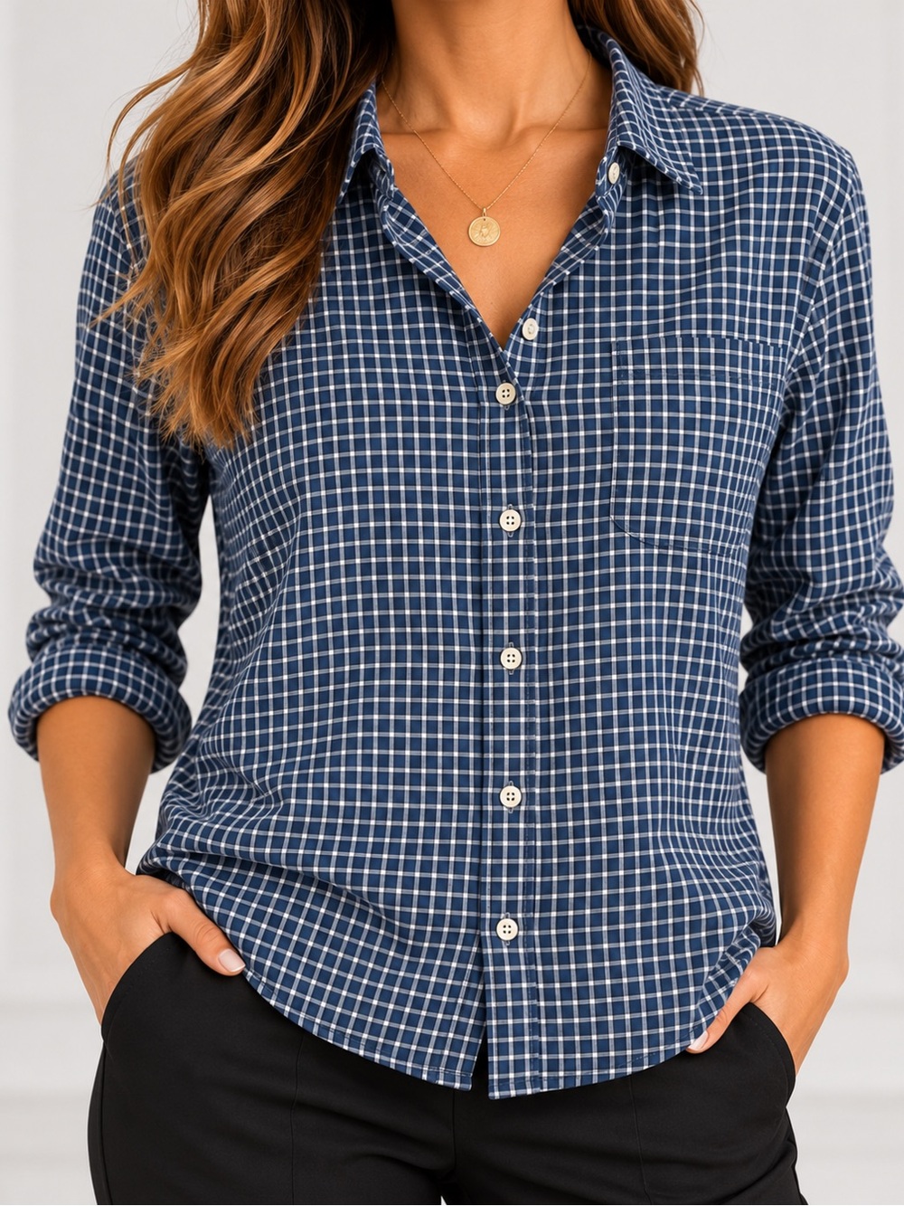 John Varvatos Navy and White Checked Button-Down Shirt